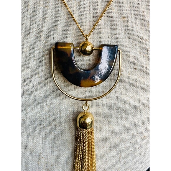 J Crew gold tone tortoise shell tassel Necklace - Picture 2 of 4